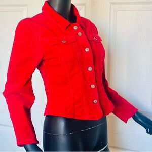 Bold Red Corduroy Jean Jacket with Fitted Silhouette Vintage Stretch By Cimarron